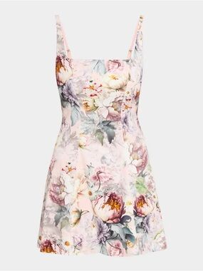 Alice + Olivia Floral Julia Scoop Neck Mini Dress in Sweet Peony Square-Neck